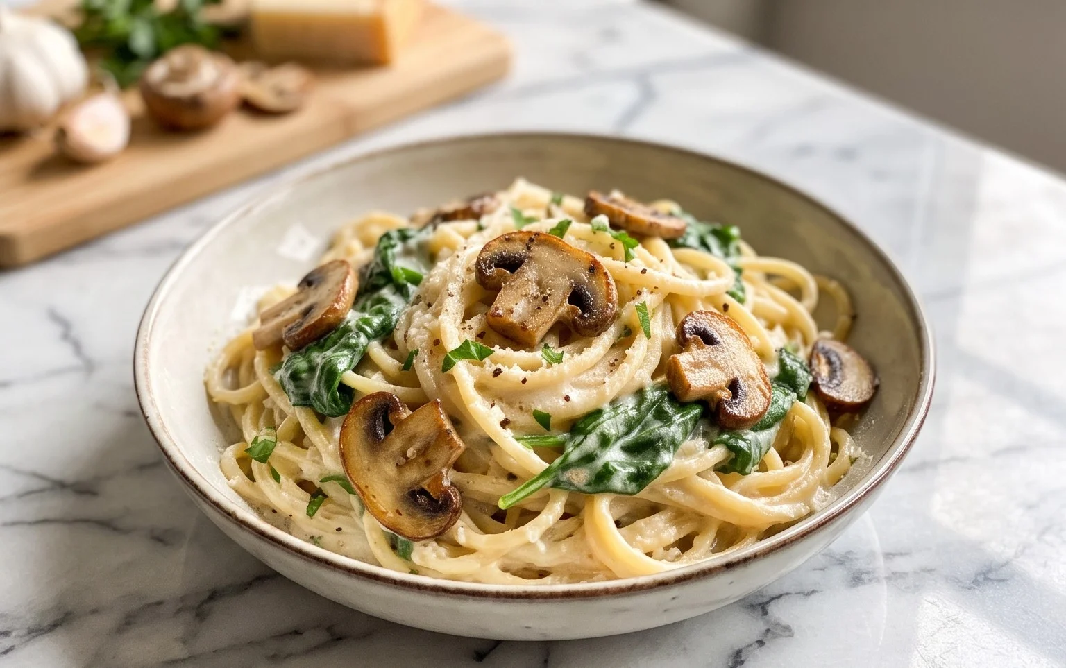 One-Pot Garlic Parmesan Pasta with Spinach and Mushrooms
