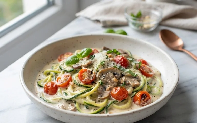 Zucchini-Spaghetti in cremiger Sauce– Zoodles