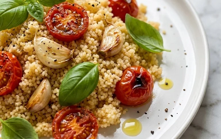 Healthy One-Pan Couscous With Garlic, Tomatoes And Basil
