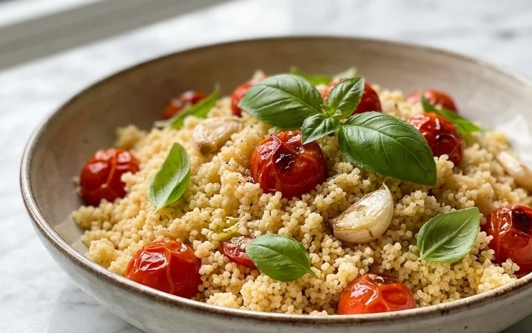 Healthy One-Pan Couscous With Garlic, Tomatoes And Basil
