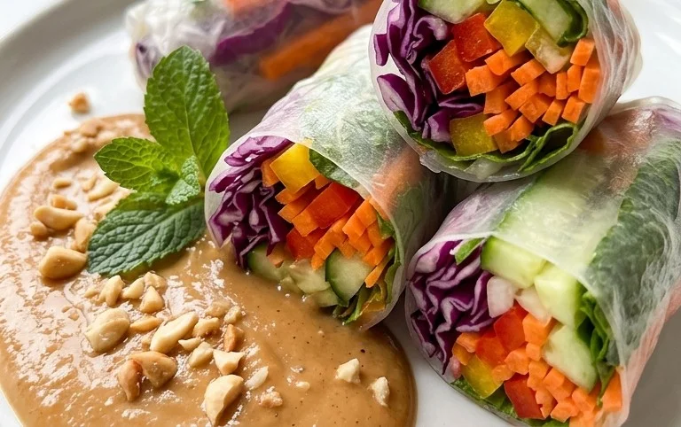Rainbow Spring Rolls with Gin Extractger Peanut Sauce
