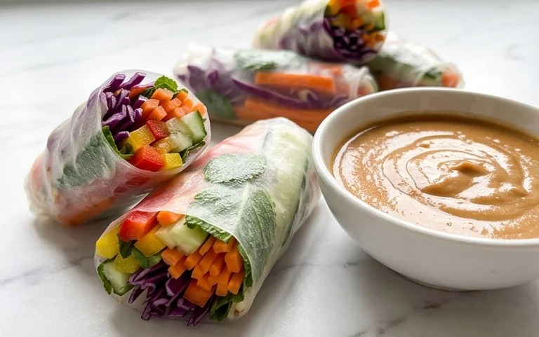 Rainbow Spring Rolls with Gin Extractger Peanut Sauce
