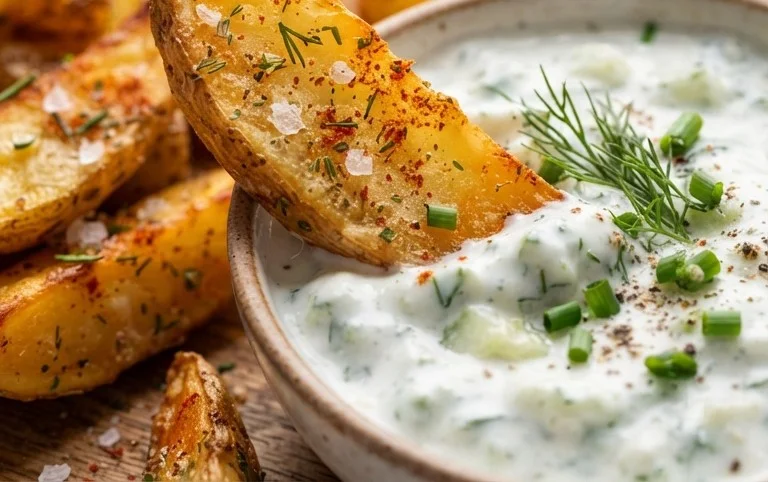 Kartoffelspalten mit Gurkendip