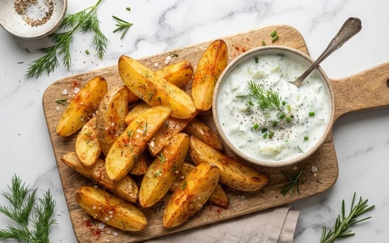 Kartoffelspalten mit Gurkendip