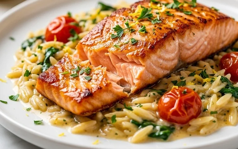One Skillet Salmon with Lemon Orzo