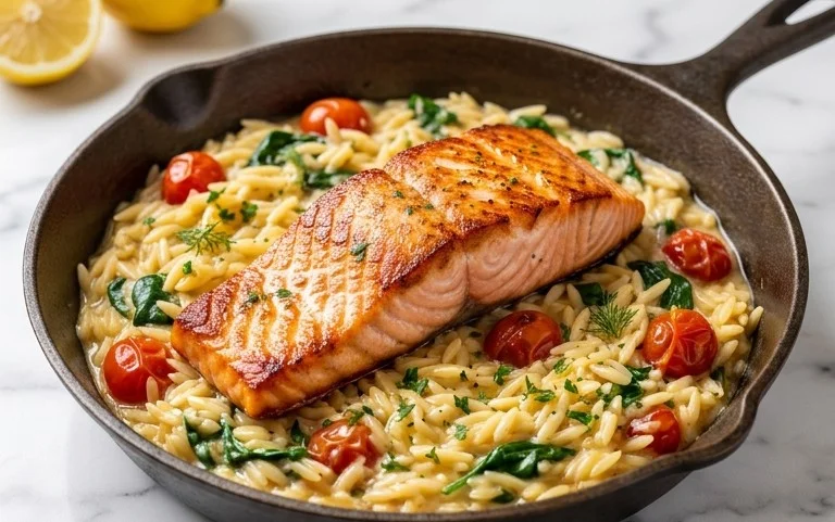 One Skillet Salmon with Lemon Orzo
