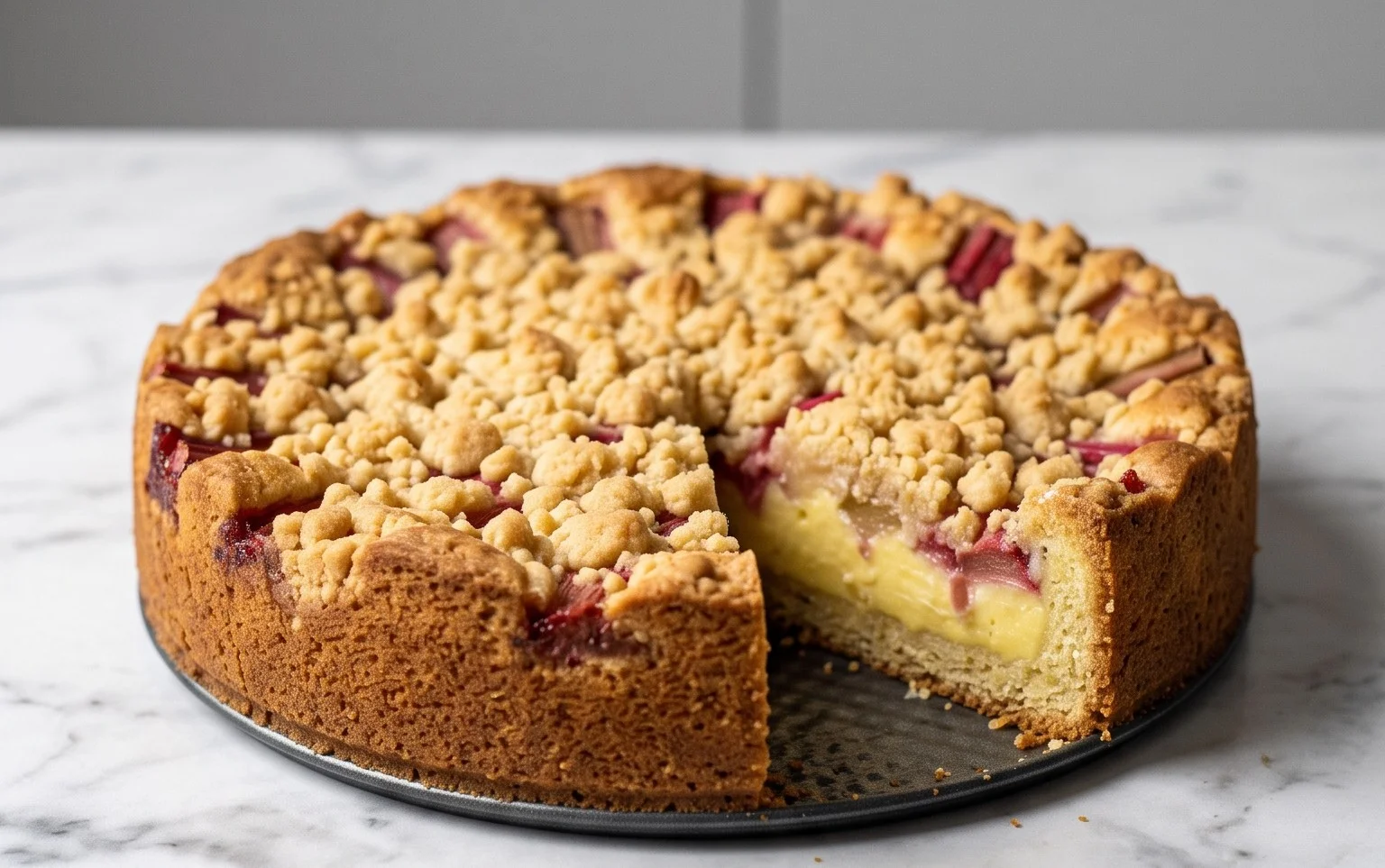 Rhabarberkuchen mit Pudding und Streuseln – wie von Oma